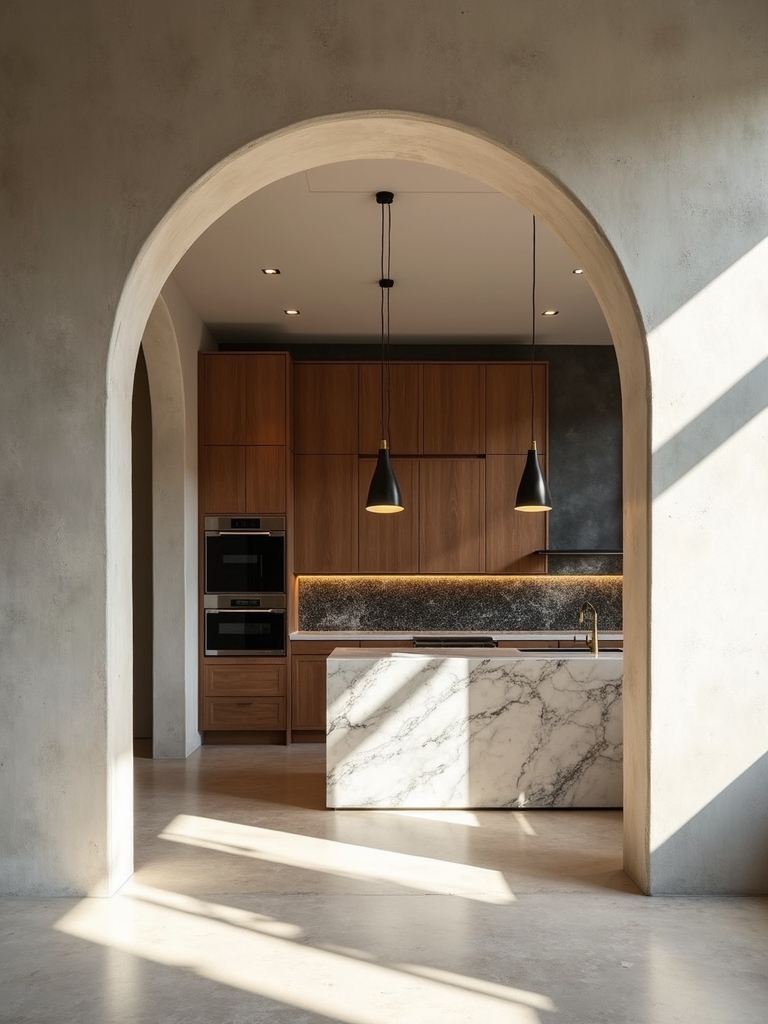 arched kitchen defines cozy zones