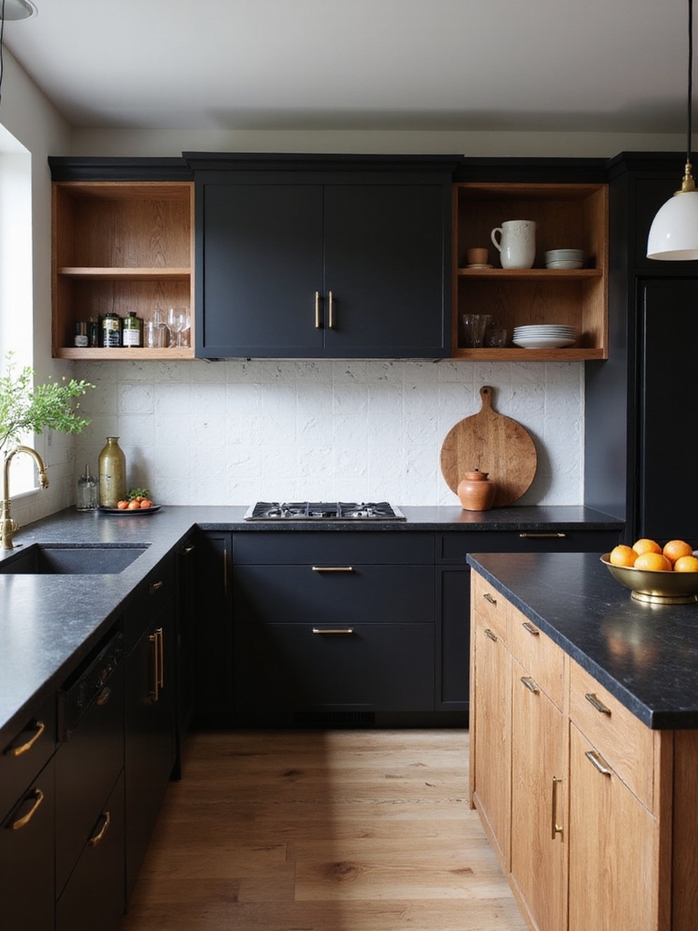 black cabinets with warm woods
