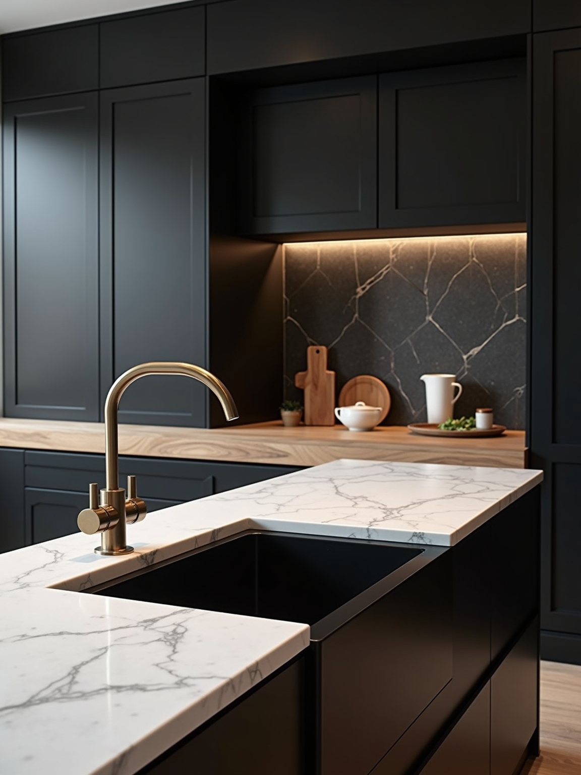 bold veined marble warm wood