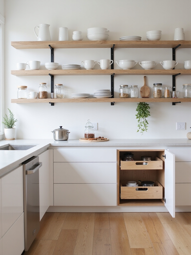 built in storage curated open shelves