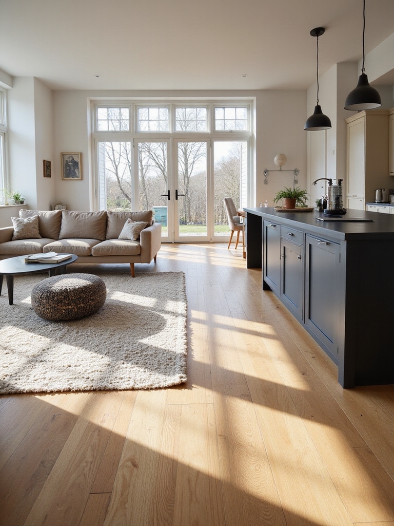 flooring and rugs define zones