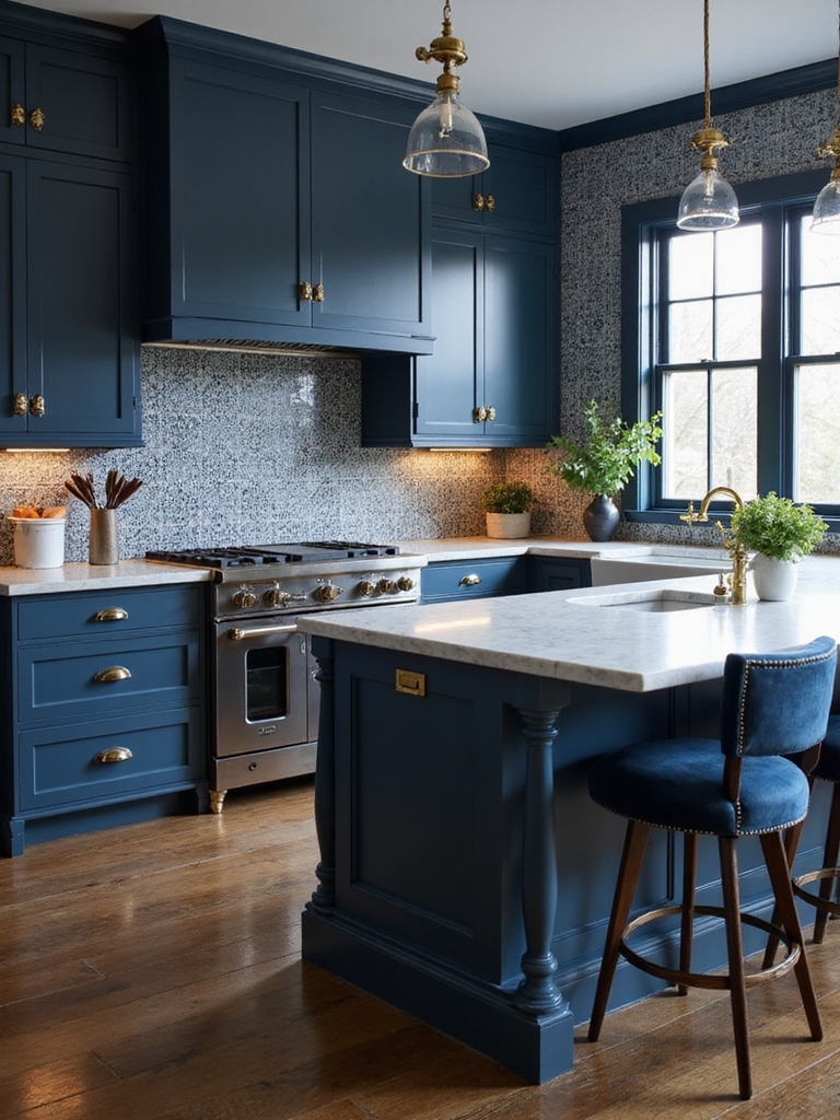 indigo kitchens with rustic warmth
