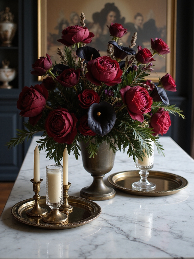 luxe low center dramatic florals