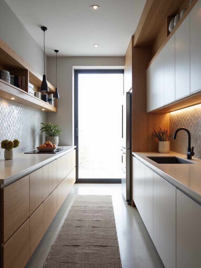 narrow rustic modern efficient kitchen