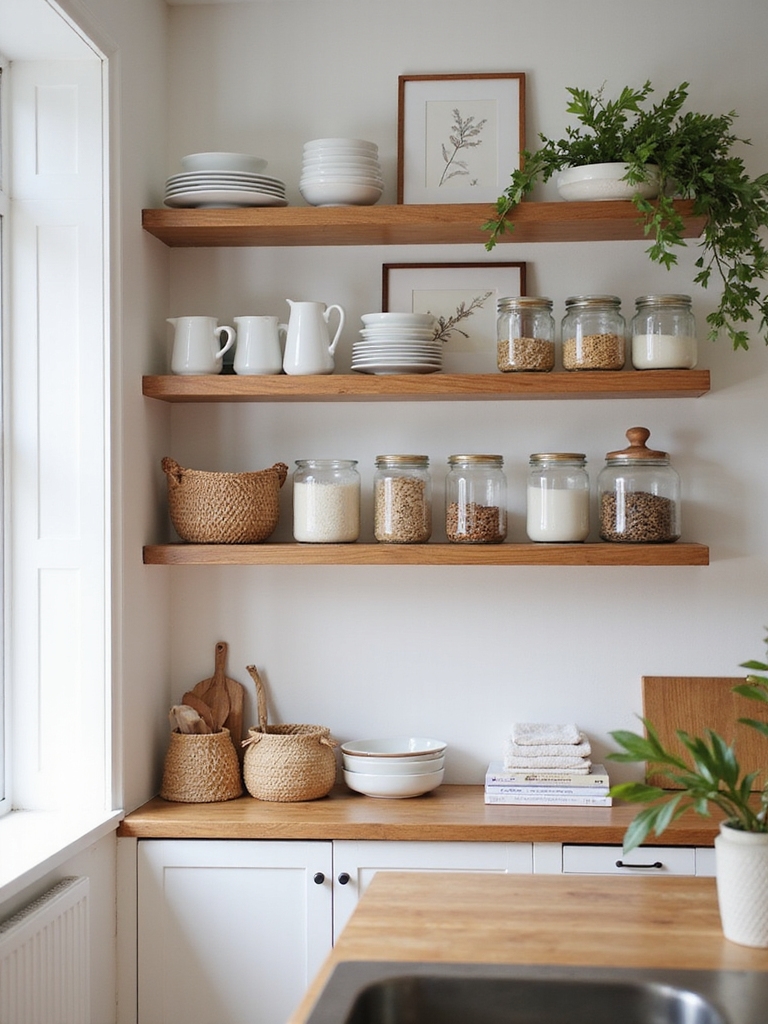 organized open kitchen shelving