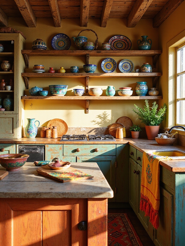 reclaimed wood cabinets displaying pottery