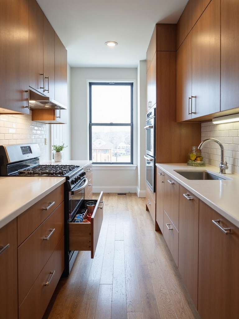 space saving galley kitchen cabinetry