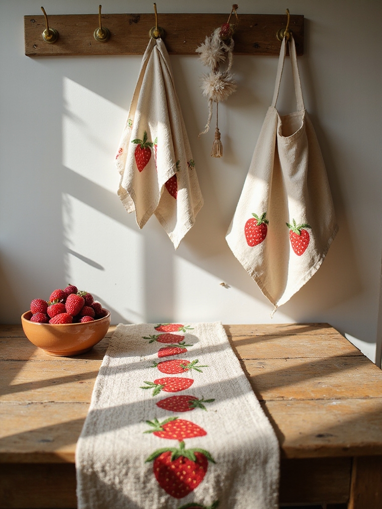 strawberry patterned rustic kitchen textiles