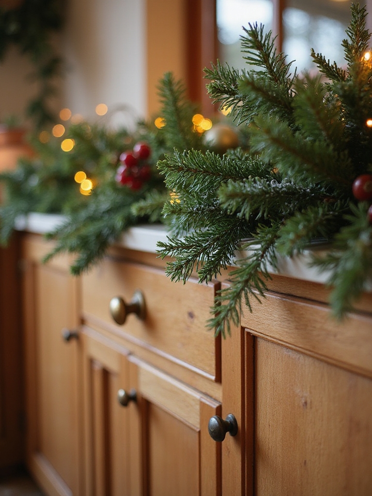 woodsy greenery tucked atop cabinets