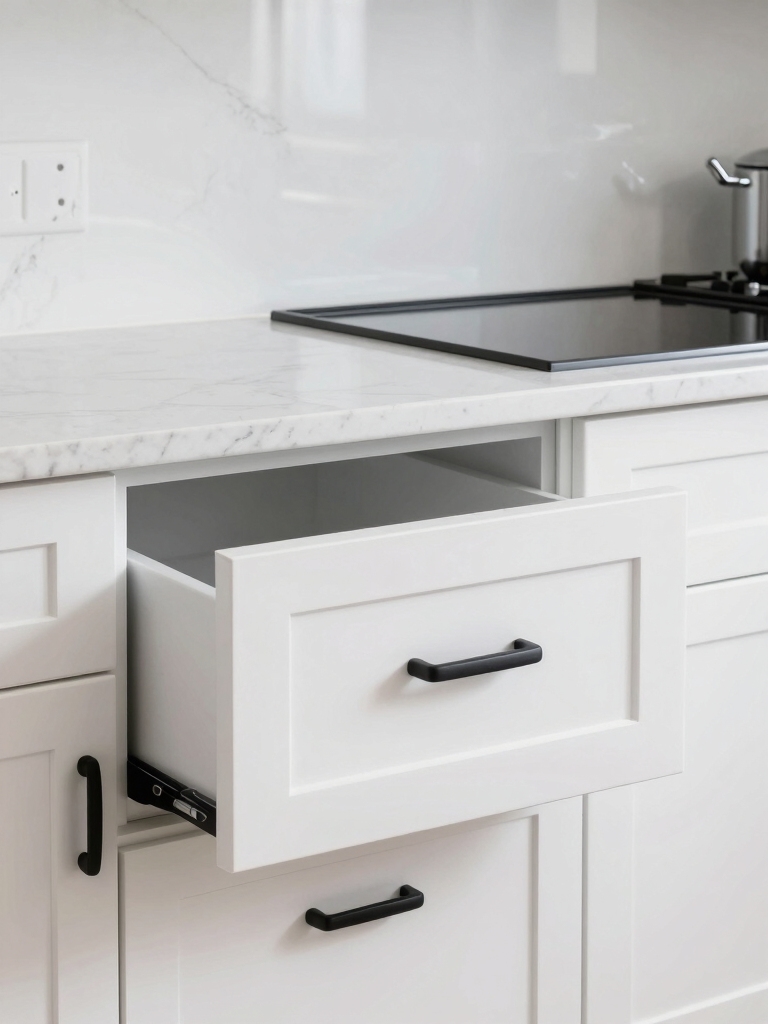 black hardware white kitchen