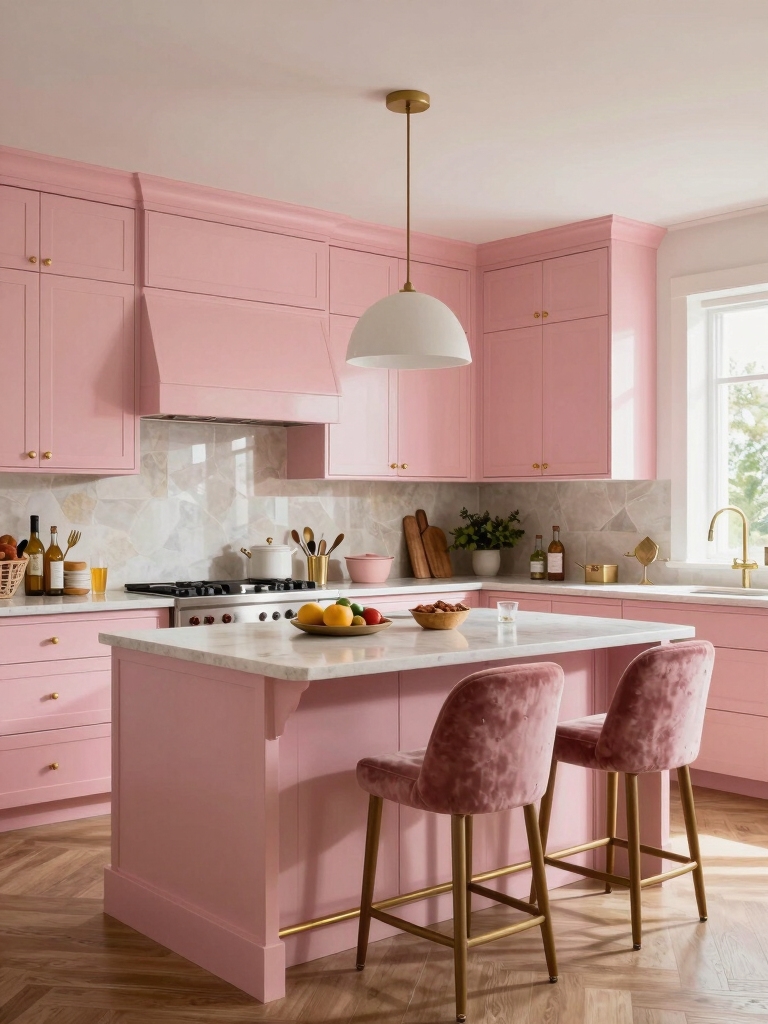 pink cabinets enhance kitchen joy