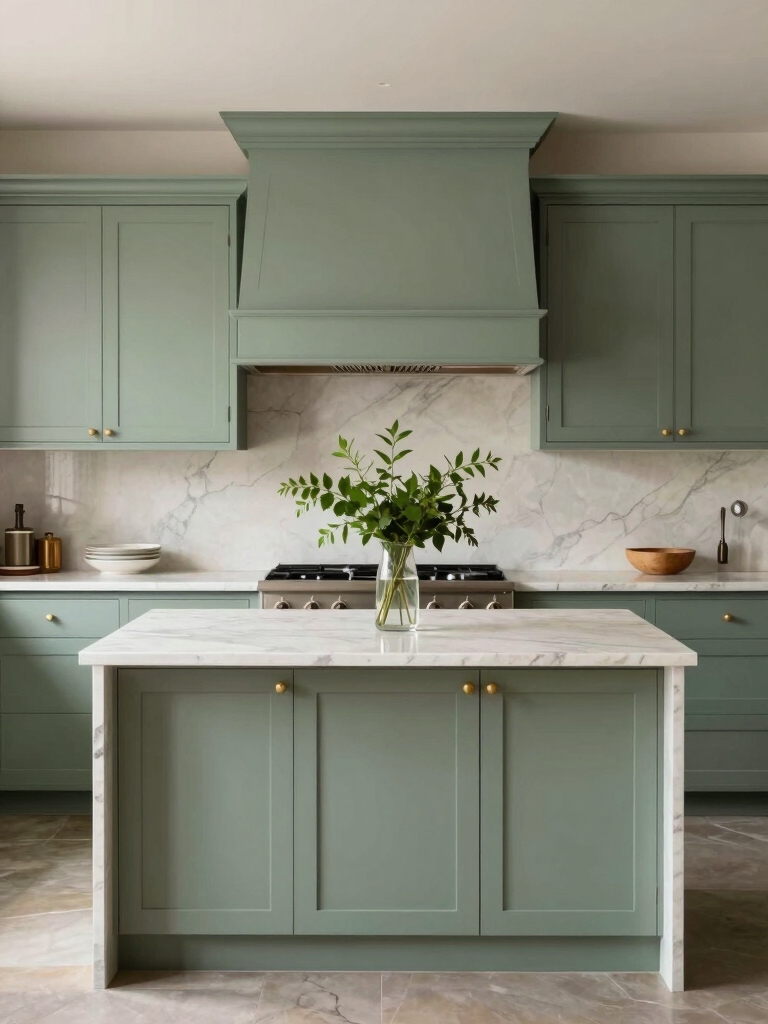 sage cabinets warm quartz