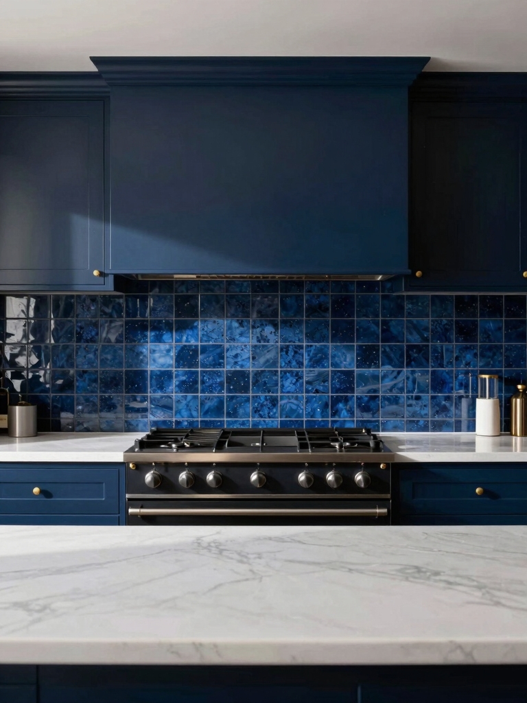 sophisticated navy kitchen warmth
