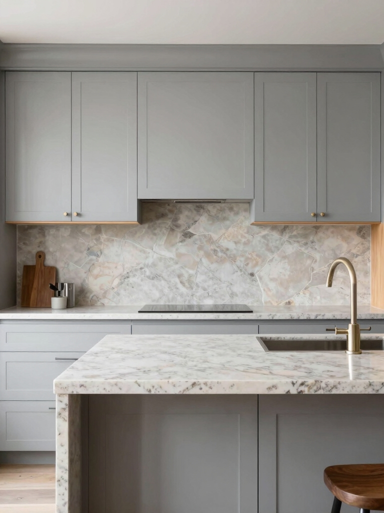 warm textures enhance gray cabinetry